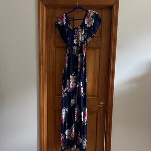 DAVI & DANI Navy Floral Maxi Dress with Multicolor Blooms